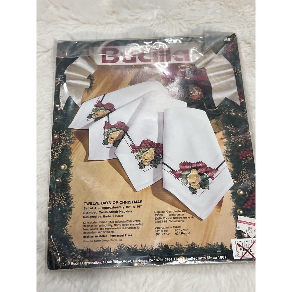 Bucilla Cross Stitch Kit Twelve Days of Christmas 4 Napkins 830681 Vintage NOS